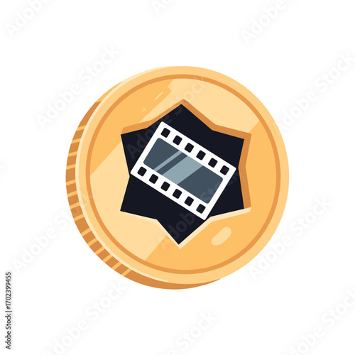 Golden Coin with Film Reel Icon for Movie Rewards and Entertainment Programs