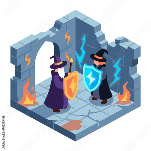 Isometric Illustration of Two Wizards Dueling in a Ruined Stone Structure with Magic and Fire