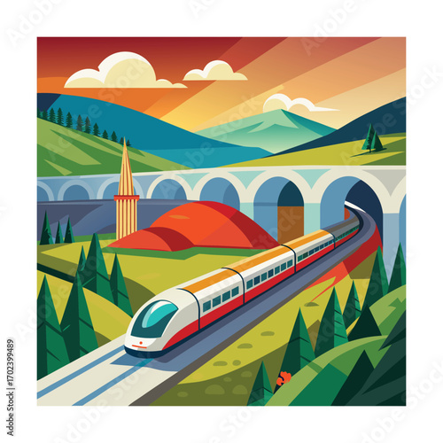 High Speed Train Passing Through Hillside Tunnel