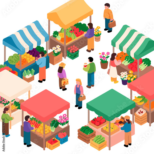 Isometric View of a Bustling Farmers Market with Colorful Stalls and People Shopping for Fresh Produce