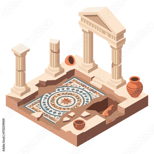 Isometric Illustration of Ancient Archaeological Site with Mosaic Floor, Columns, and Pottery Remains