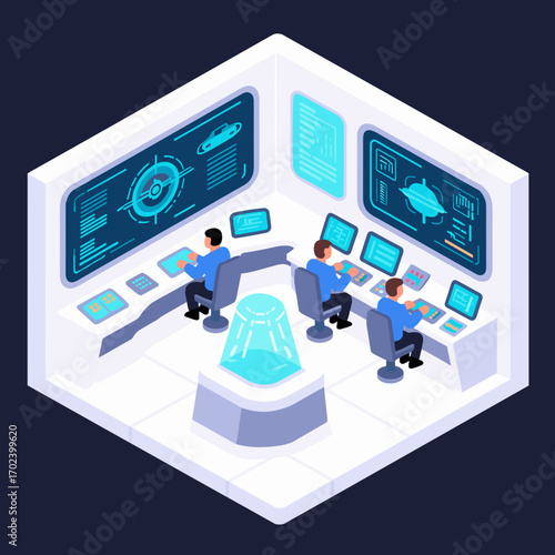 Isometric Control Room with Operators Monitoring Screens and Data, Futuristic Technology Illustration