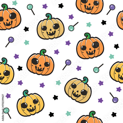 Seamless pattern with Halloween elements like pumpkins, stars and lollipop on white background 