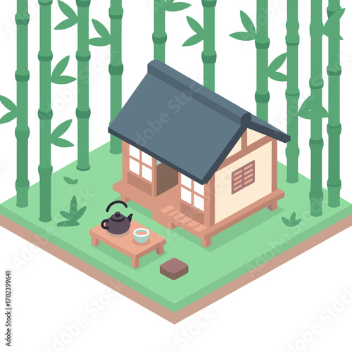 Isometric Illustration of a Japanese Tea House Surrounded by Bamboo Forest with Tea Ceremony Set