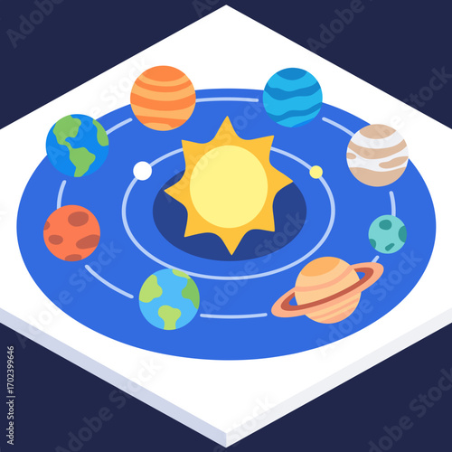 Isometric Solar System Illustration with Sun and Planets Orbiting, Educational and Scientific Design
