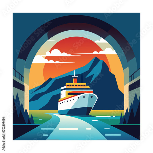 Modern Ship Coming Out of Seaside Tunnel
