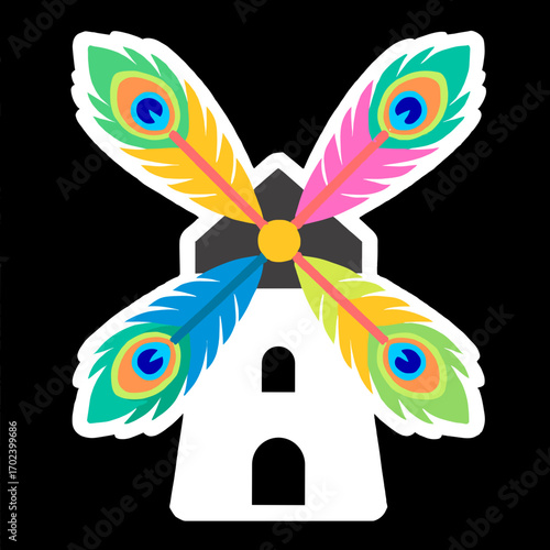 Whimsical Windmill with Peacock Feather Blades, Colorful and Playful Illustration on Black Background