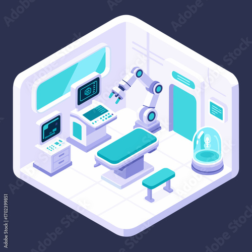 Isometric Illustration of a Futuristic Medical Operating Room with Robotic Arm and Advanced Equipment
