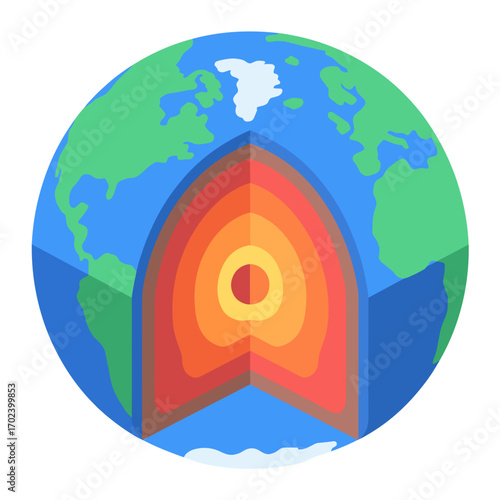 Illustration of Earth's Internal Structure with Layers of Mantle, Core, and Crust in a Flat Design
