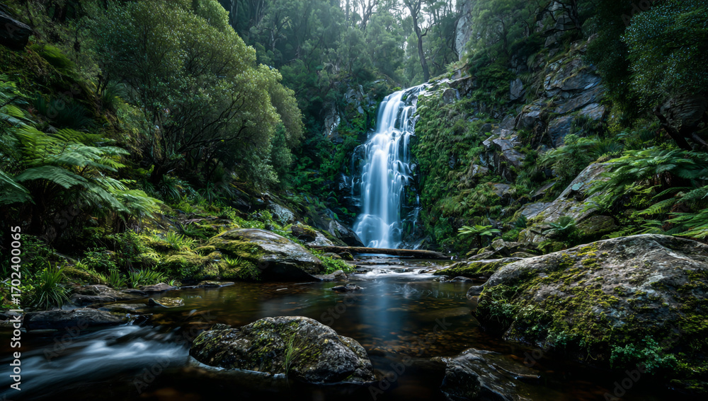 Fototapeta premium Majestic waterfall cascading down mossy rocks in a lush green forest
