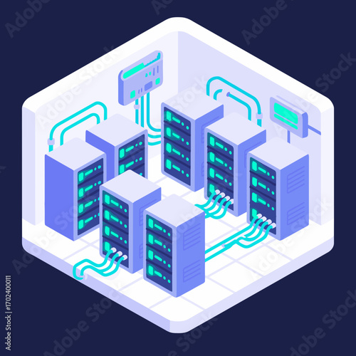 Isometric Data Center Server Room Illustration with Network Cables and Equipment for Hosting and Cloud Computing