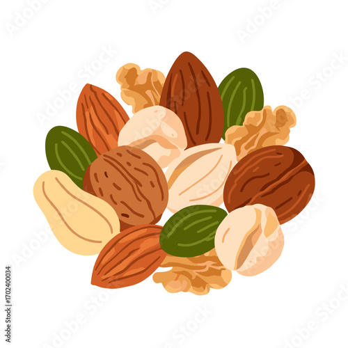 Colorful Flat Design Illustration of a Variety of Mixed Nuts and Seeds for Healthy Eating