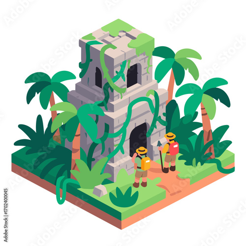 Isometric Illustration of Ancient Temple Ruins in Jungle with Explorers and Palm Trees
