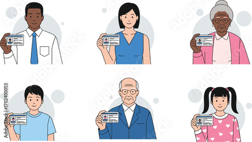 Identity verification vector illustration, diverse people with ID cards, personal identification concept, flat design, black yellow white, cartoon style