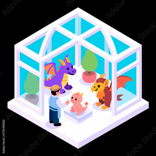 Isometric View of a Whimsical Greenhouse with Dragons and a Gardener in a Flat Design Style