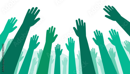 Green Hands Raised in Unity and Support Graphic Illustration for Social Movements and Community Engagement