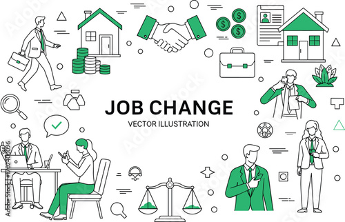 Job change vector illustration, career transition icons, professional growth, business people, resume, interview, agreement, flat design, black yellow white
