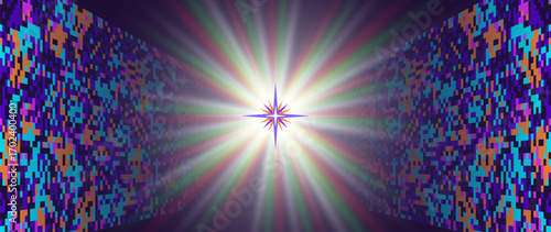 Vector wide abstract poster. Radiant glowing star in center. Colored textured pixel walls going into dark depth. Background or wallpaper