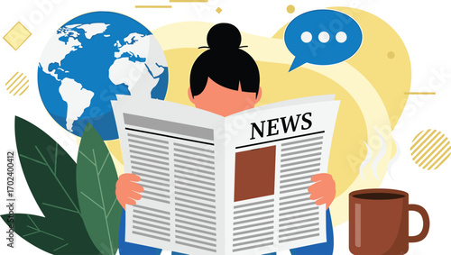 News reading vector illustration, person with newspaper, global awareness, coffee mug, speech bubble, flat design, black yellow white