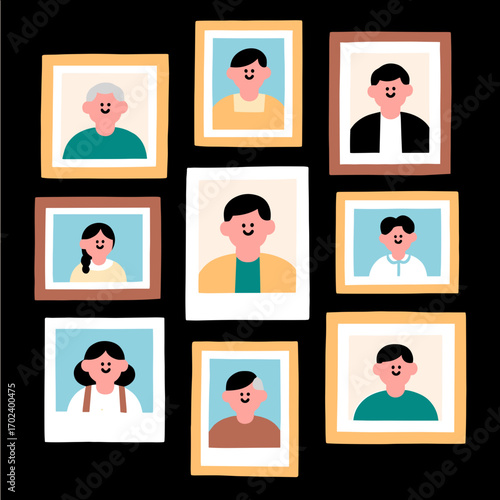 Family Portraits in Picture Frames, Minimalist Cartoon Style Illustration on Black Background