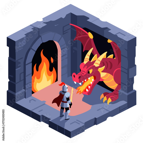 Isometric Illustration of a Knight Facing a Fire-Breathing Dragon in a Stone Dungeon Chamber
