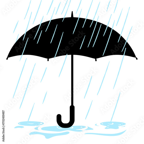 Black Umbrella Silhouette Under Blue Raindrops Vector Illustration for Weather Forecast