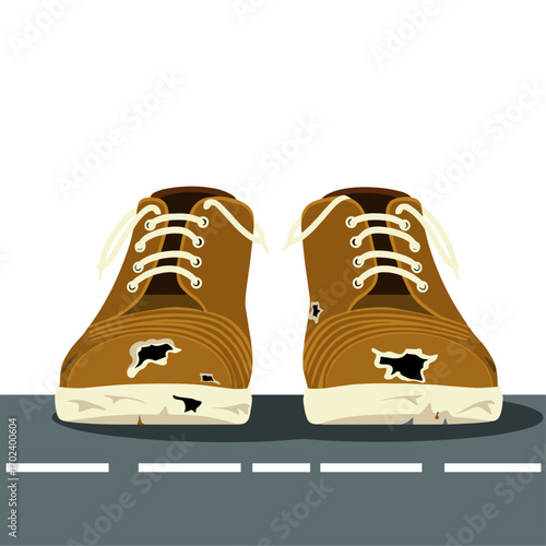 Worn and Torn Brown Shoes on a Road Illustration Representing Poverty and Hardship