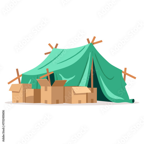 Illustration of a Makeshift Shelter or Tent with Cardboard Boxes, Representing Homelessness and Poverty