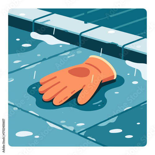 Orange Glove Lying on Wet Pavement After the Rain with Water Puddles Illustration