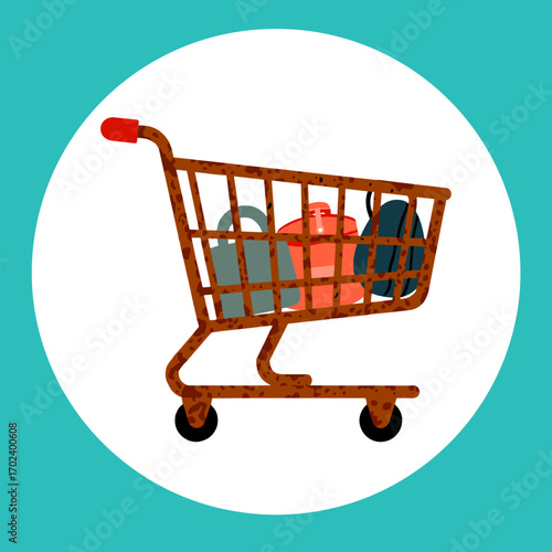 Illustration of a Shopping Cart Filled with Groceries and Goods for Retail Purchase
