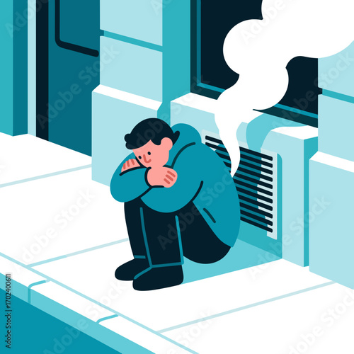 Illustration of a Sad Young Man Huddled Near a Building Vent Emitting Smoke, Depicting Loneliness and Urban Isolation