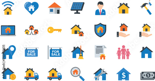 Real estate icon set vector illustration, housing and property symbols, buying selling maintenance, flat design, black yellow white, cartoon style