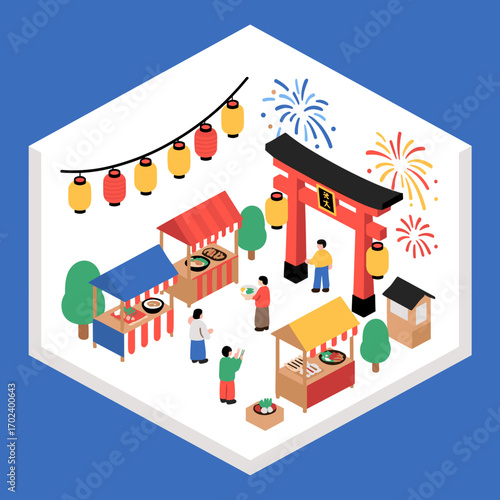 Isometric Illustration of a Japanese Festival with Food Stalls, Torii Gate, Lanterns, and Fireworks Display