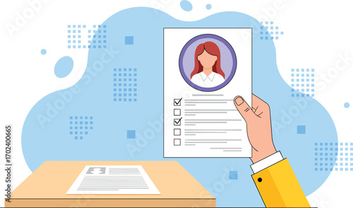 Resume review vector illustration, hand holding profile document, job application concept, recruitment scene, flat design, black yellow white