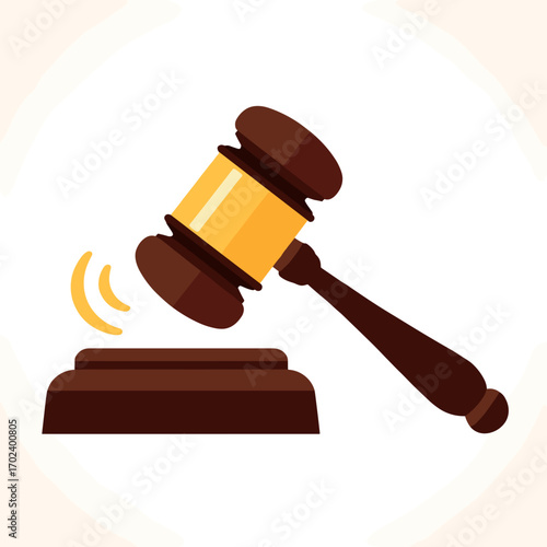Cartoon Illustration of a Wooden Gavel Striking a Sound Block in a Courtroom Setting