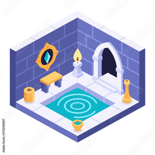 Isometric Fantasy Room Illustration with Candle, Gem, and Portal for Game Design