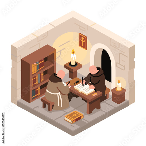 Isometric Illustration of Two Monks Writing in a Monastery Cell with Candles and Books