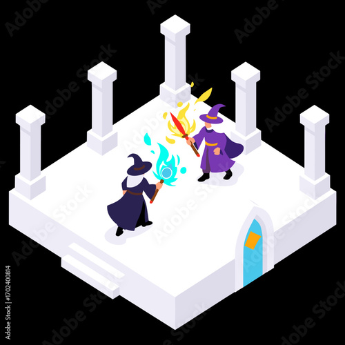 Isometric Illustration of Two Wizards Dueling with Fire and Water Magic in a White Temple