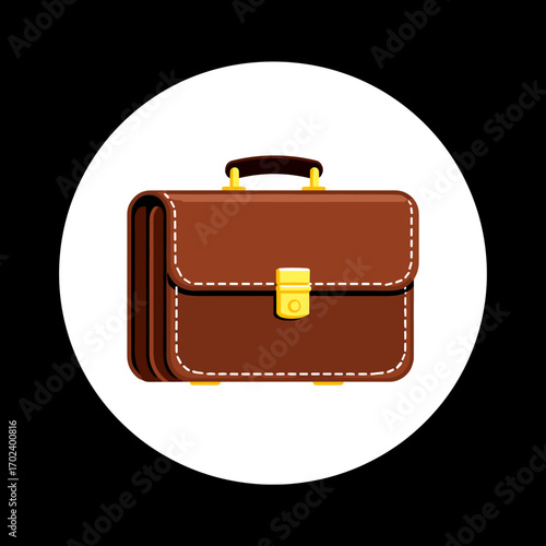 Brown Leather Briefcase with Gold Clasp and White Stitching on White Circle Background Illustration
