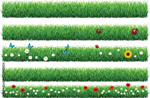 Green grass borders, flower borders, garden grass strips, butterflies, ladybugs, daisies, poppies, natural grass design, summer lawn, decorative grass edges.