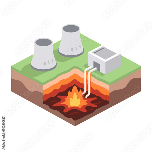 Isometric Illustration of a Geothermal Power Plant Harnessing Earth's Internal Heat for Clean Energy