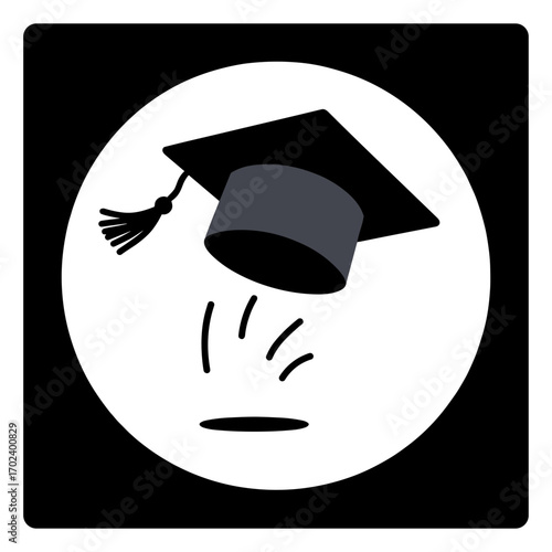 Graduation Cap Toss Icon Illustration with Black and White Design for Education and Celebration