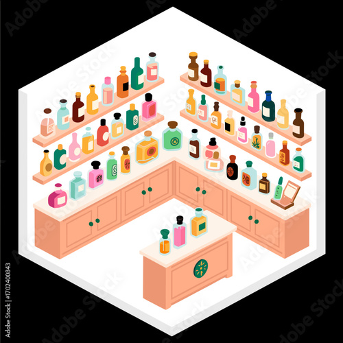 Isometric View of a Perfume Store Interior with Shelves and Display Counters Filled with Colorful Perfume Bottles Illustration