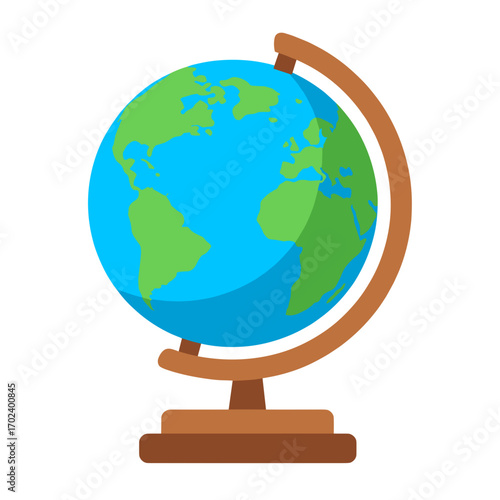 Vector Illustration of a Globe with Green Continents and Blue Oceans on a Wooden Stand