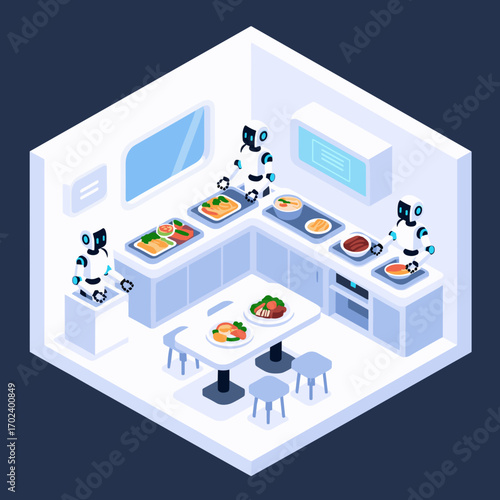 Isometric Kitchen Scene with Robots Preparing and Serving Food, Modern Technology Illustration