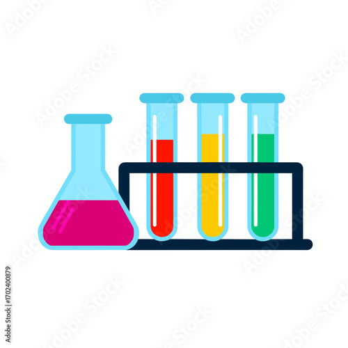 Colorful Laboratory Equipment: Flask and Test Tubes with Liquid Solutions, Flat Vector Illustration