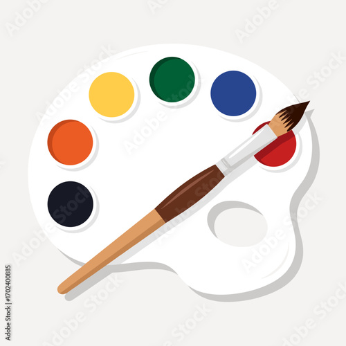 Artist's Palette with Colorful Paints and Brush, Illustration of Painting Supplies for Creative Projects
