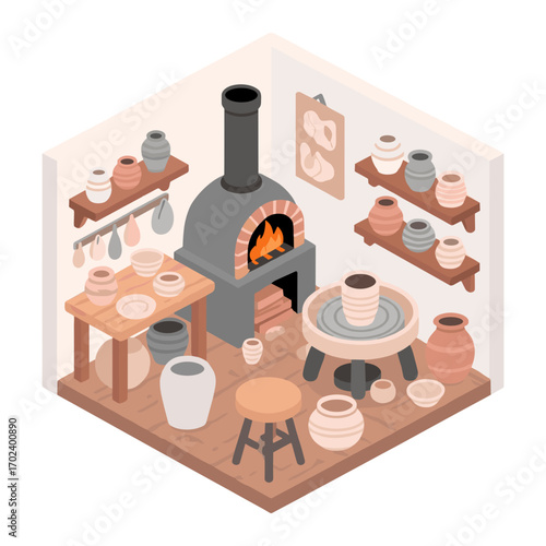 Isometric Pottery Studio with Kiln, Shelves of Vases, and Potter's Wheel Illustration