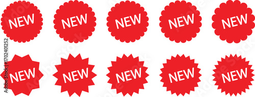 Starburst sticker and price label set, promo tag icons, discount label pack. Starburst price badge, glossy sale symbols, wavy edge red promo tags, flat style vector collection.