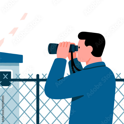 Man Looking Through Binoculars at a Building with a Fence, Vector Illustration